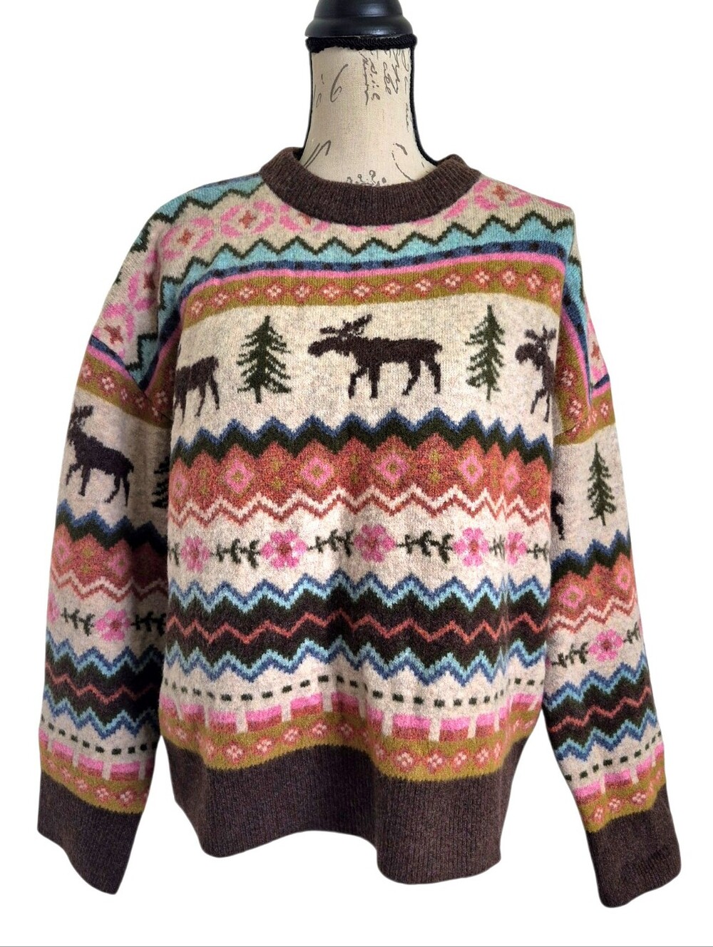 Natural Life Cozy Cabin Reversible Moose Fair Isle Sweater Brown M Boho Cottage